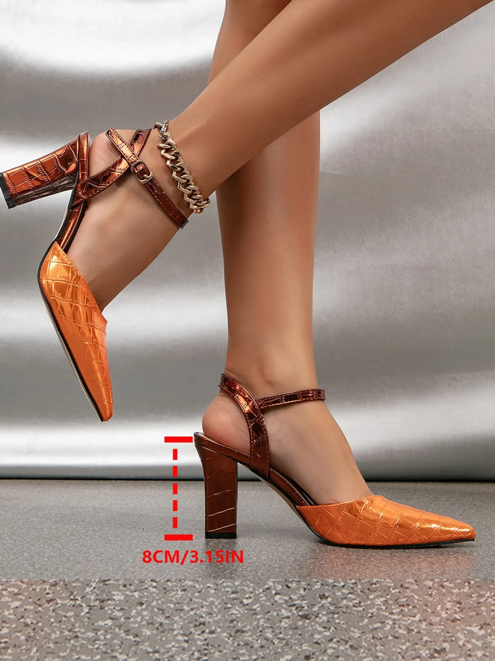 Color-block Croc-embossed Chunky Heel Ankle Strap Pumps