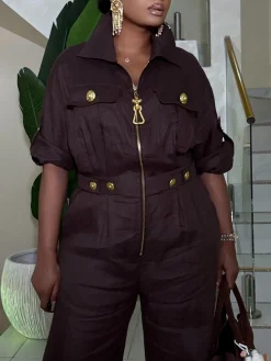 Cotton And Linen Casual Buttoned Plain Shawl Collar Shirt Jumpsuit