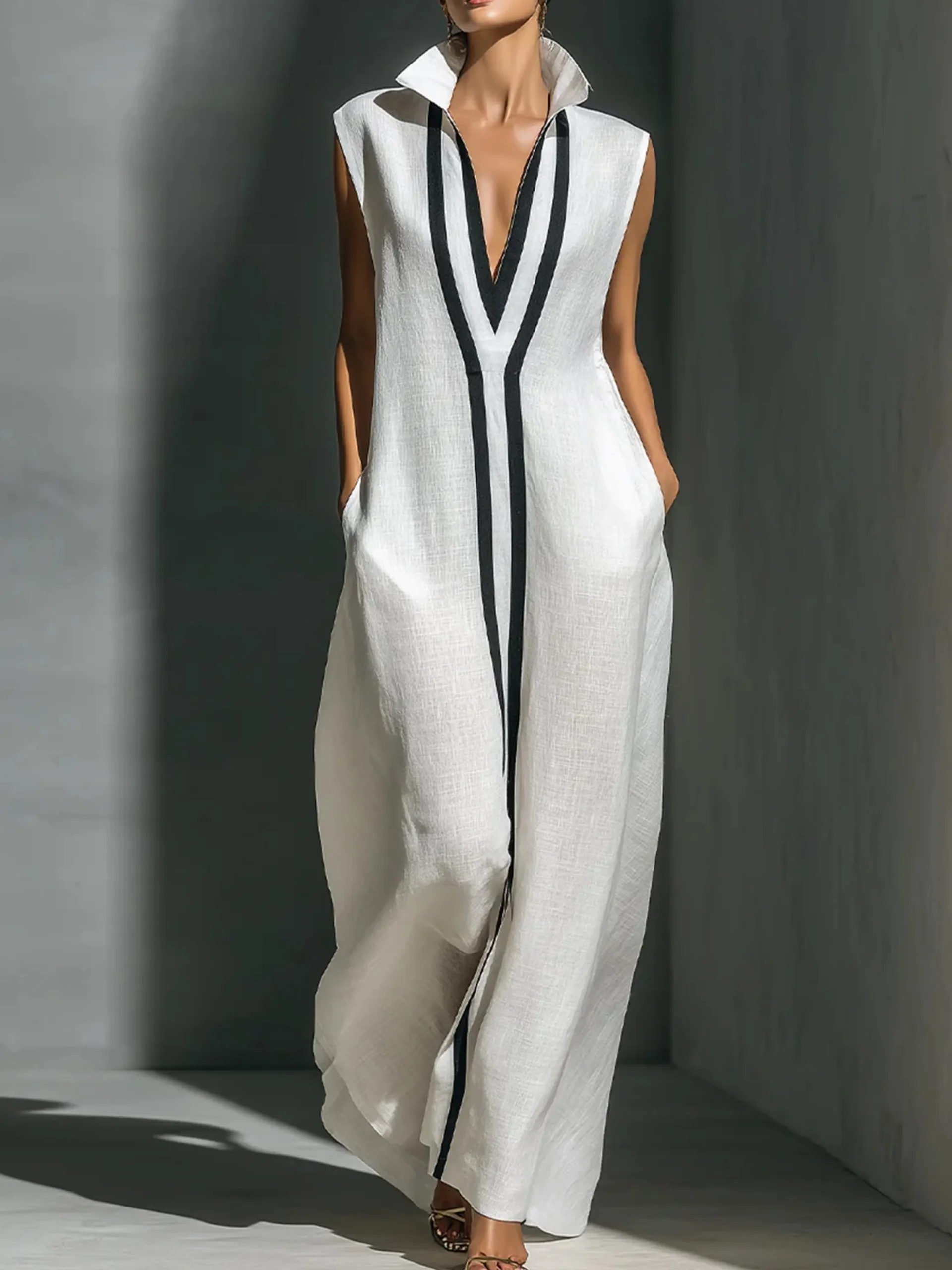 Cotton And Linen Casual Color Block Stand Collar Jumpsuit
