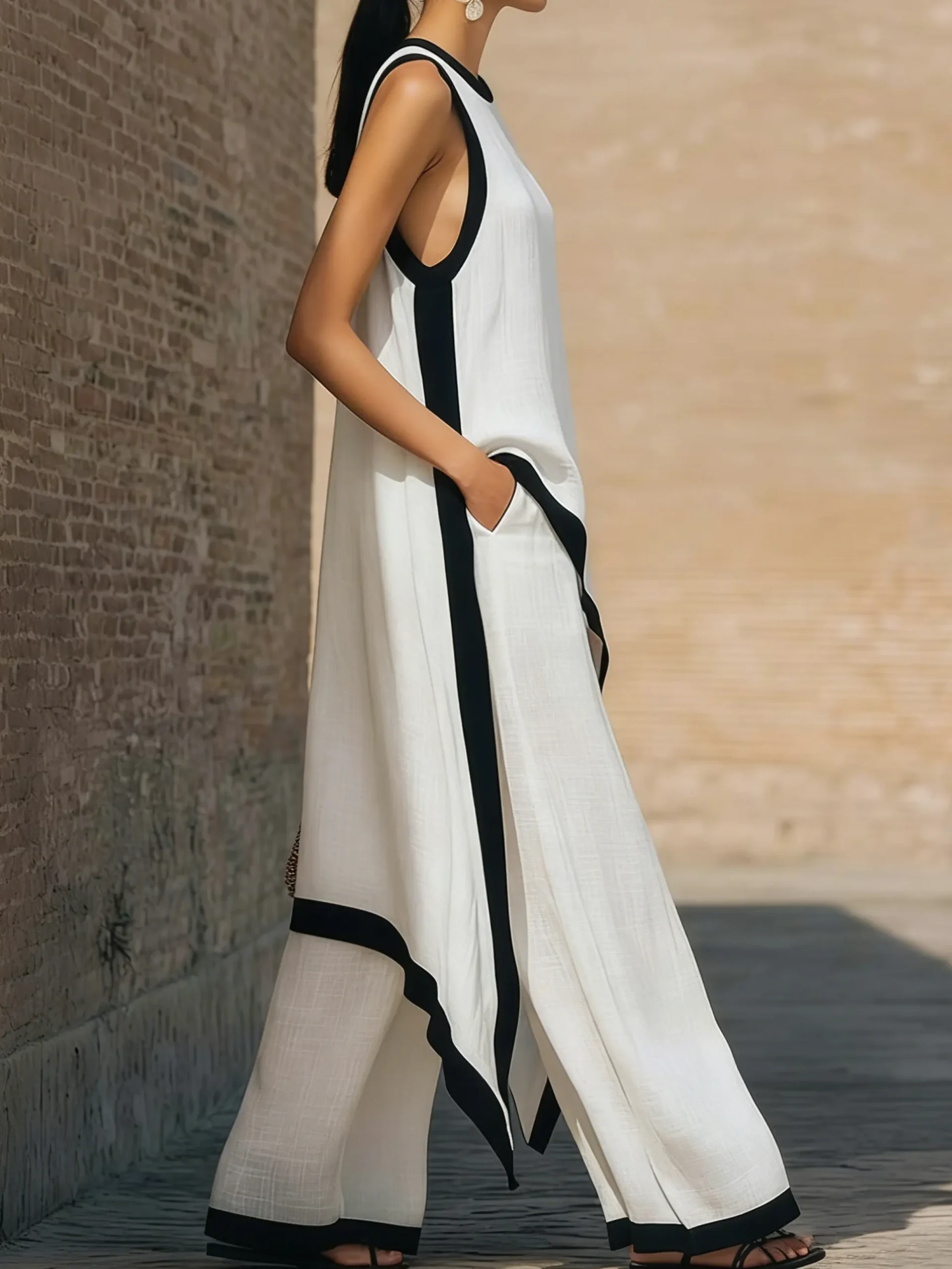 Cotton And Linen Casual Color Block Straight Pants