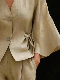 Cotton And Linen Casual Plain Distressing V Neck Shirt