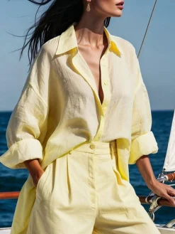 Cotton And Linen Casual Plain Raglan Sleeves Shirt