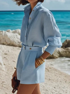 Cotton And Linen Casual Plain Shirt Collar Shirt
