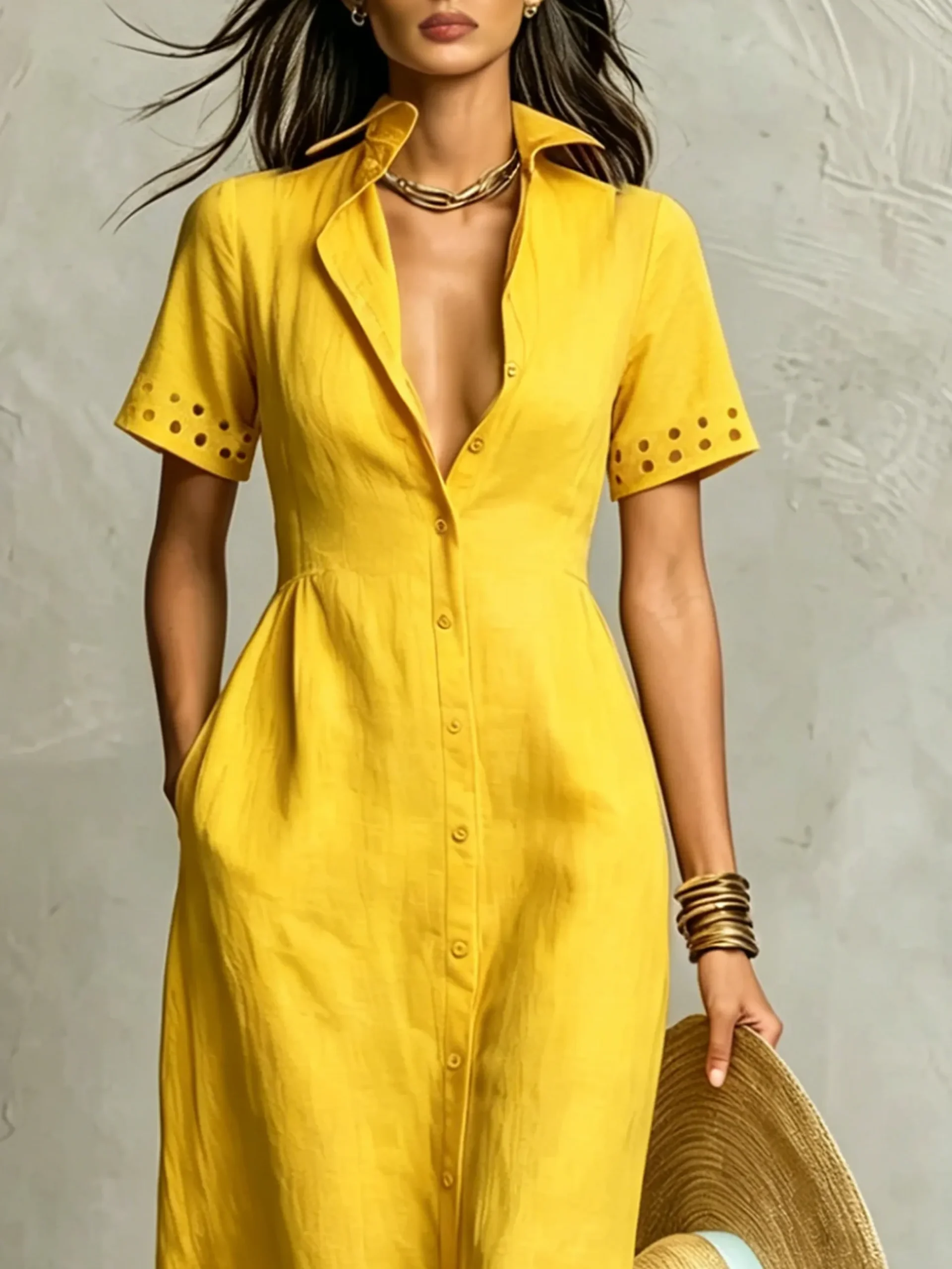 Cotton And Linen Casual Plain Hollow Out Shirt Collar Maxi Dress