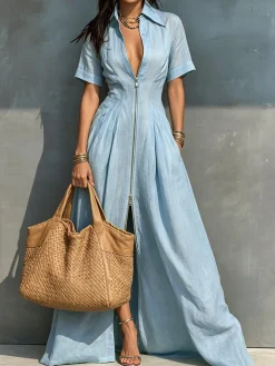 Cotton And Linen Casual Plain Zipper Shirt Collar Maxi Dress