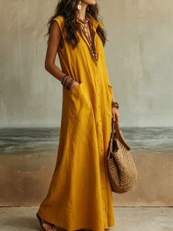 Cotton And Linen Casual Plain Split Joint Buttoned Pockets Maxi Dress