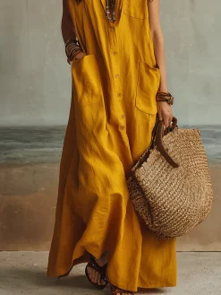 Cotton And Linen Casual Plain Split Joint Buttoned Pockets Maxi Dress