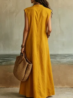 Cotton And Linen Casual Plain Split Joint Buttoned Pockets Maxi Dress