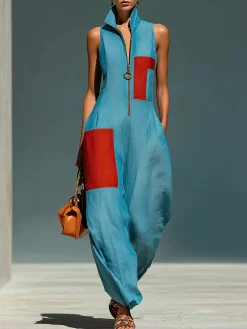 Cotton And Linen Casual Split Joint Color Block Shawl Collar Jumpsuit