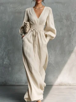 Cotton And Linen Elegant Plain Scramble V Neck Maxi Dress