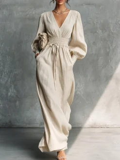 Cotton And Linen Elegant Plain Scramble V Neck Maxi Dress