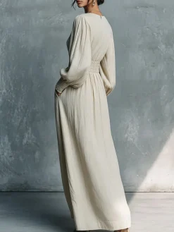 Cotton And Linen Elegant Plain Scramble V Neck Maxi Dress