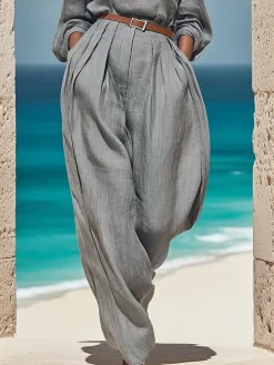 Cotton And Linen Loosen Casual Plain Wide Leg Pants
