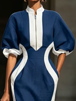 Cotton And Linen Urban Color Block Split Joint Midi Dress