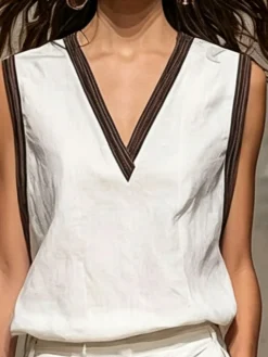 Cotton And Linen Urban Plain V Neck Blouse