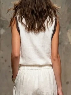 Cotton And Linen Urban Plain V Neck Blouse