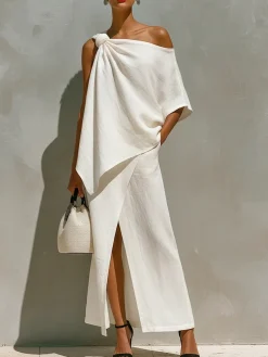 Cotton And Linen Vacation Slit Plain Maxi Skirt