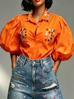 Cotton Casual 3D Printing Gemstone Pattern Shirt Collar Puff Sleeve Shirt