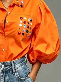 Cotton Casual 3D Printing Gemstone Pattern Shirt Collar Puff Sleeve Shirt