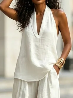 Cotton Casual Plain Halter Neck Blouse