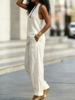 Cotton Casual Plain Halter Neck Blouse