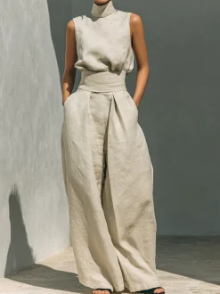 Cotton Casual Plain Wide Leg Pants