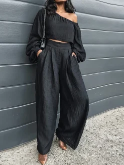 Cotton Casual Plain Wide Leg Pants