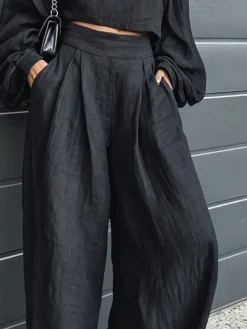Cotton Casual Plain Wide Leg Pants