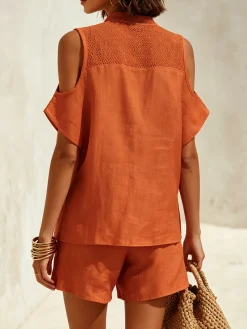 Cotton Casual Plain Zipper Mock Neck Blouse