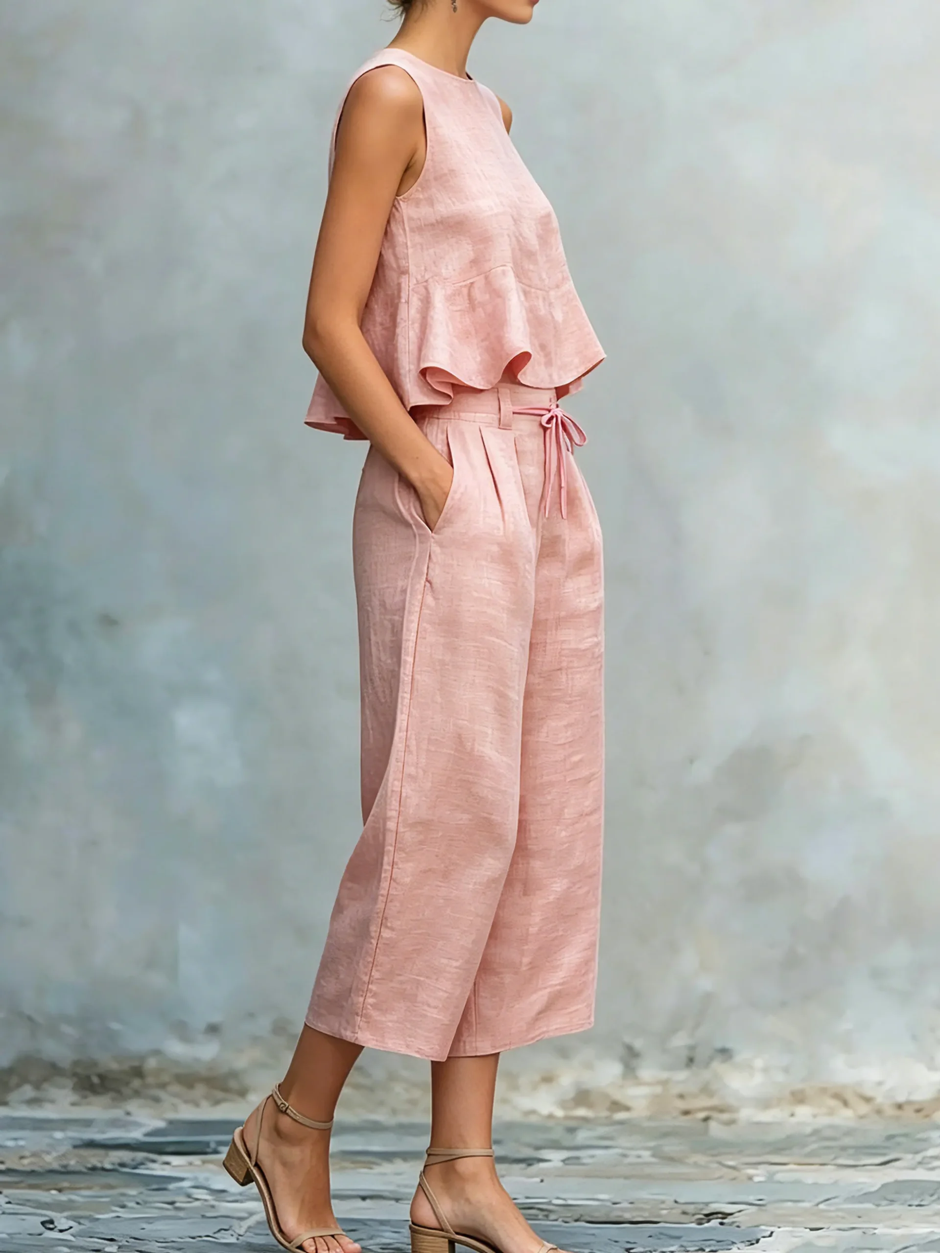 Cotton Casual Solid Relaxed Plain Peplum Sleeveless Blouse