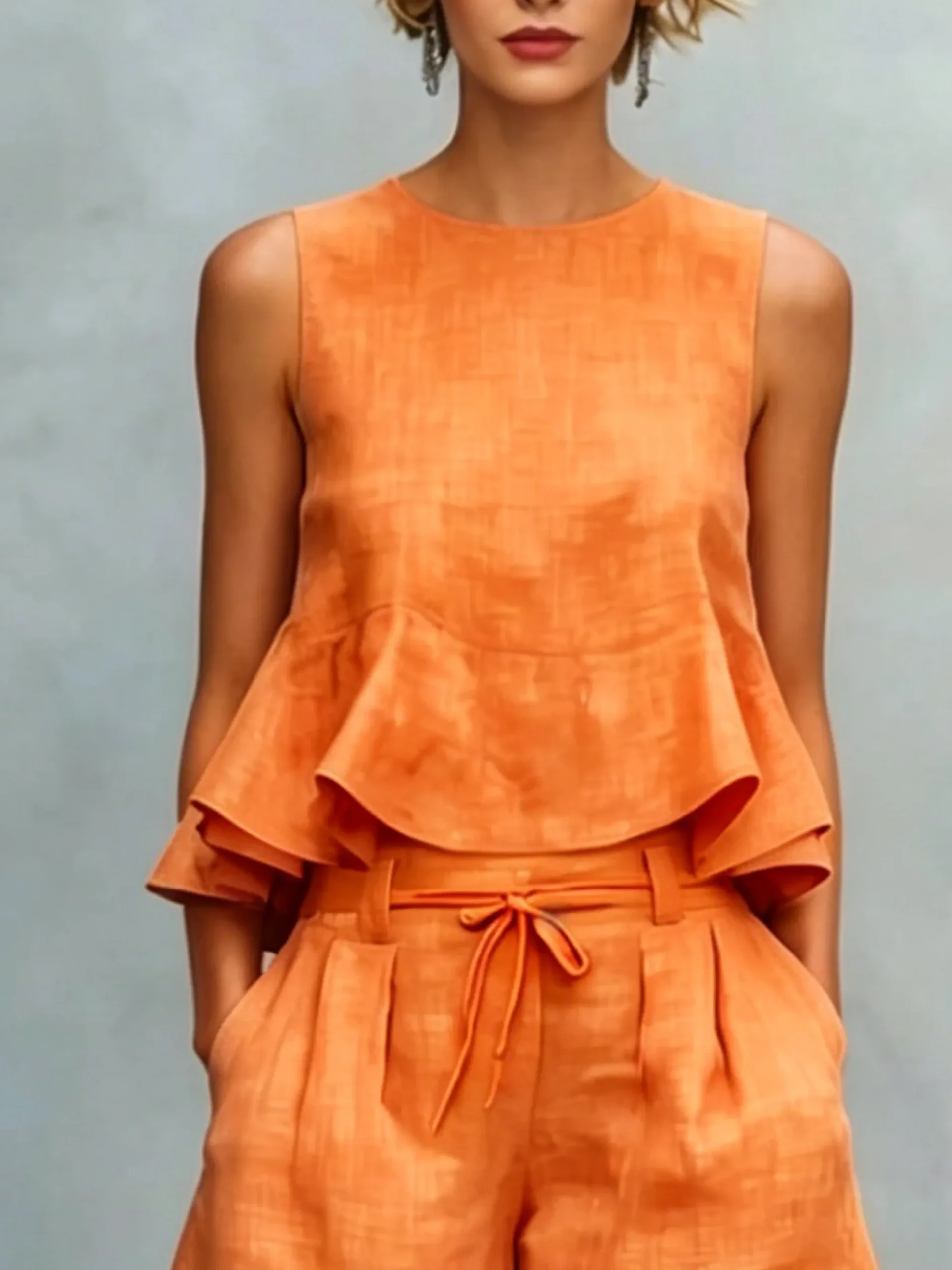 Cotton Casual Solid Relaxed Plain Peplum Sleeveless Blouse