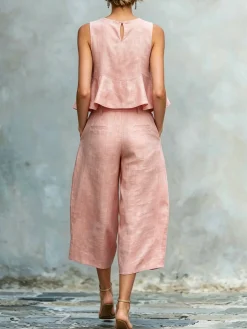 Cotton Casual Solid Relaxed Plain Peplum Sleeveless Blouse