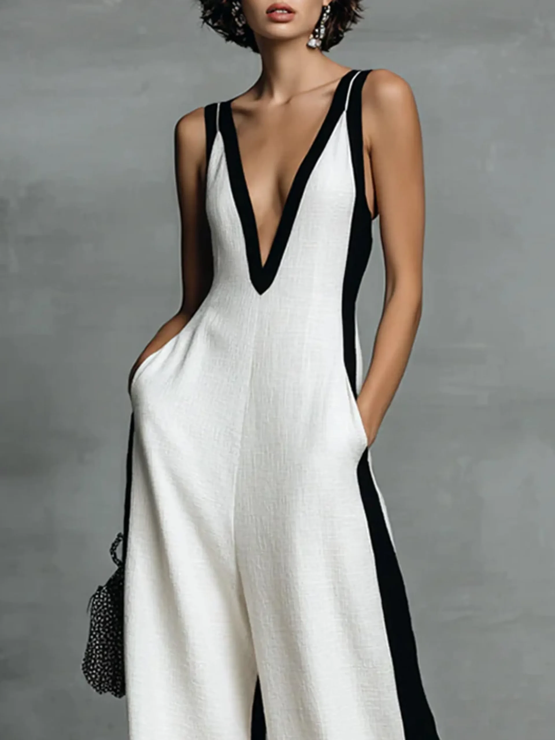 Cotton Casual Split Joint Color Block V Neck Tank Jumpsuit