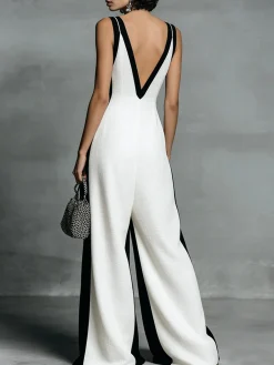 Cotton Casual Split Joint Color Block V Neck Tank Jumpsuit
