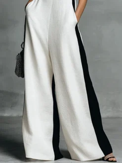 Cotton Casual Split Joint Color Block V Neck Tank Jumpsuit