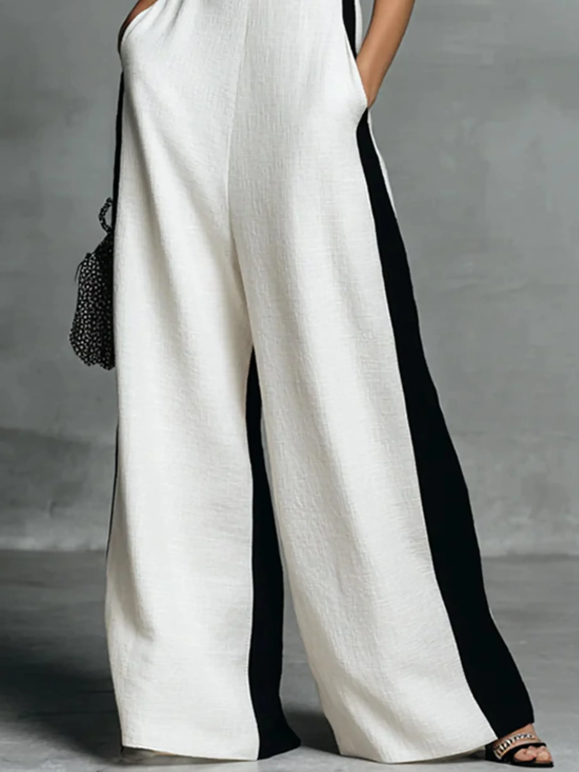 Cotton Casual Split Joint Color Block V Neck Tank Jumpsuit