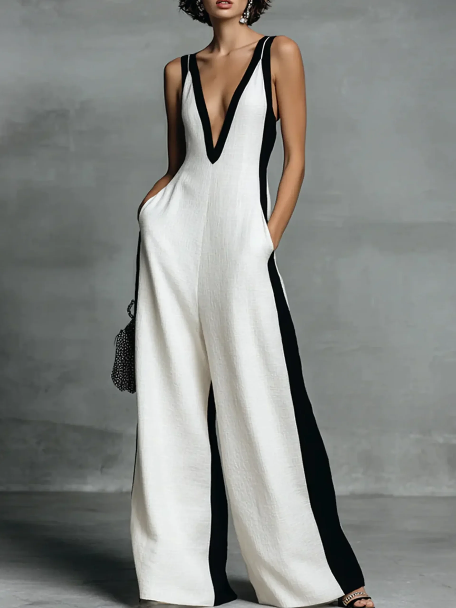 Cotton Casual Split Joint Color Block V Neck Tank Jumpsuit