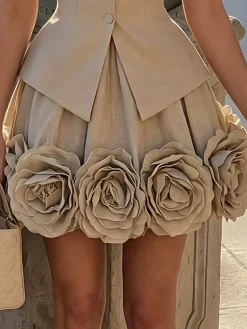 Cotton Elegant 3D Floral Plain Mini Skirt