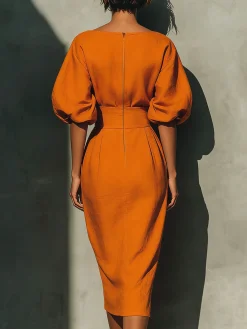 Cotton Elegant Plain Crew Neck Midi Dress