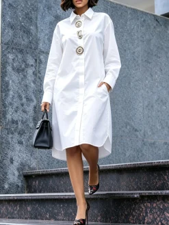 Cotton Urban Plain Button Detail Shirt Collar Knee Length Dress