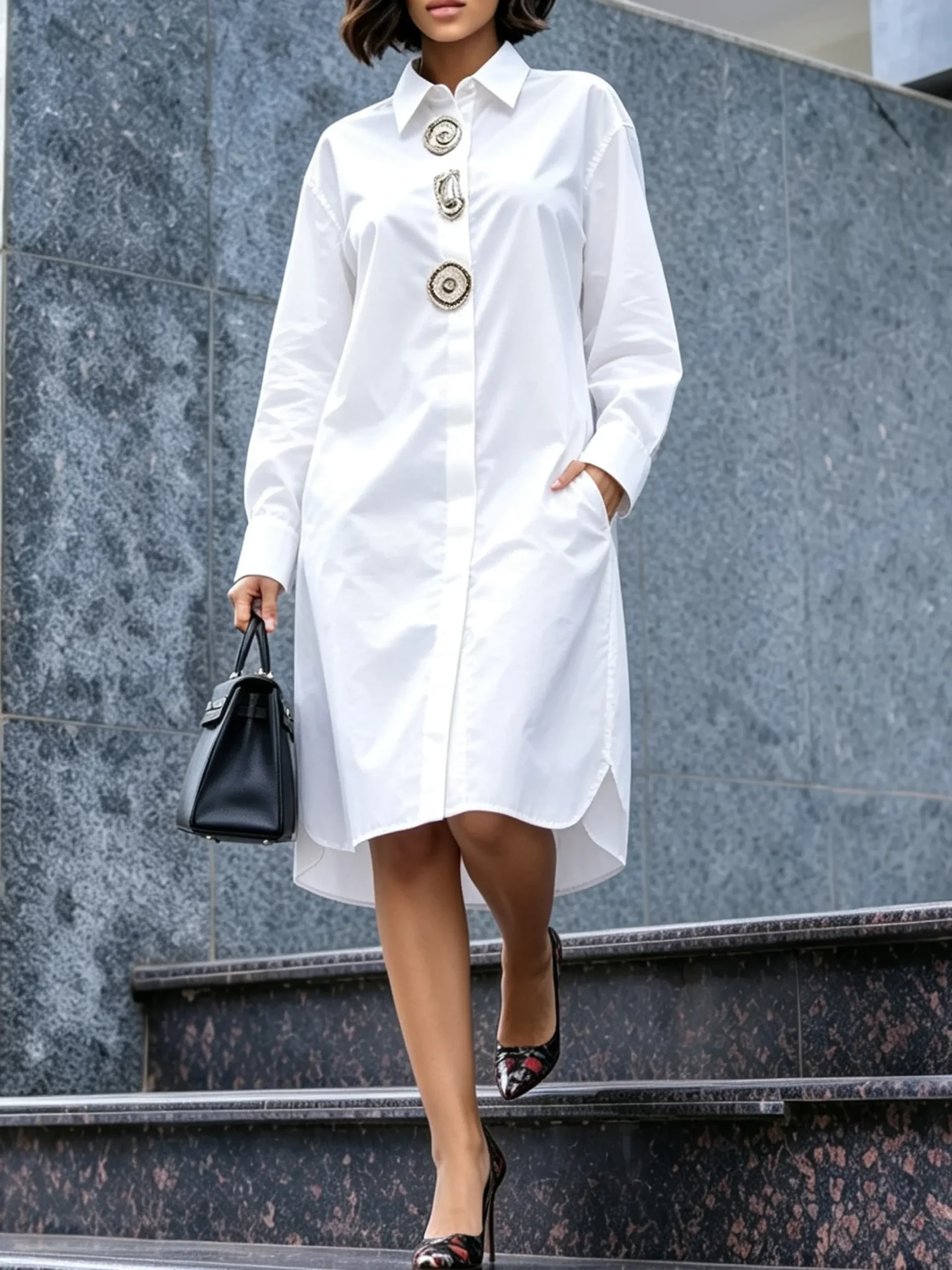 Cotton Urban Plain Button Detail Shirt Collar Knee Length Dress