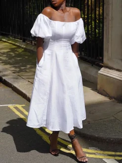 Cotton Urban Plain Puff Sleeve Cold Shoulder Midi Dress