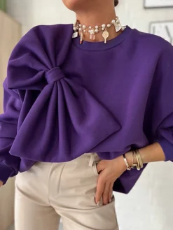 Daily Casual Bow Plain Loose Sweatshirt