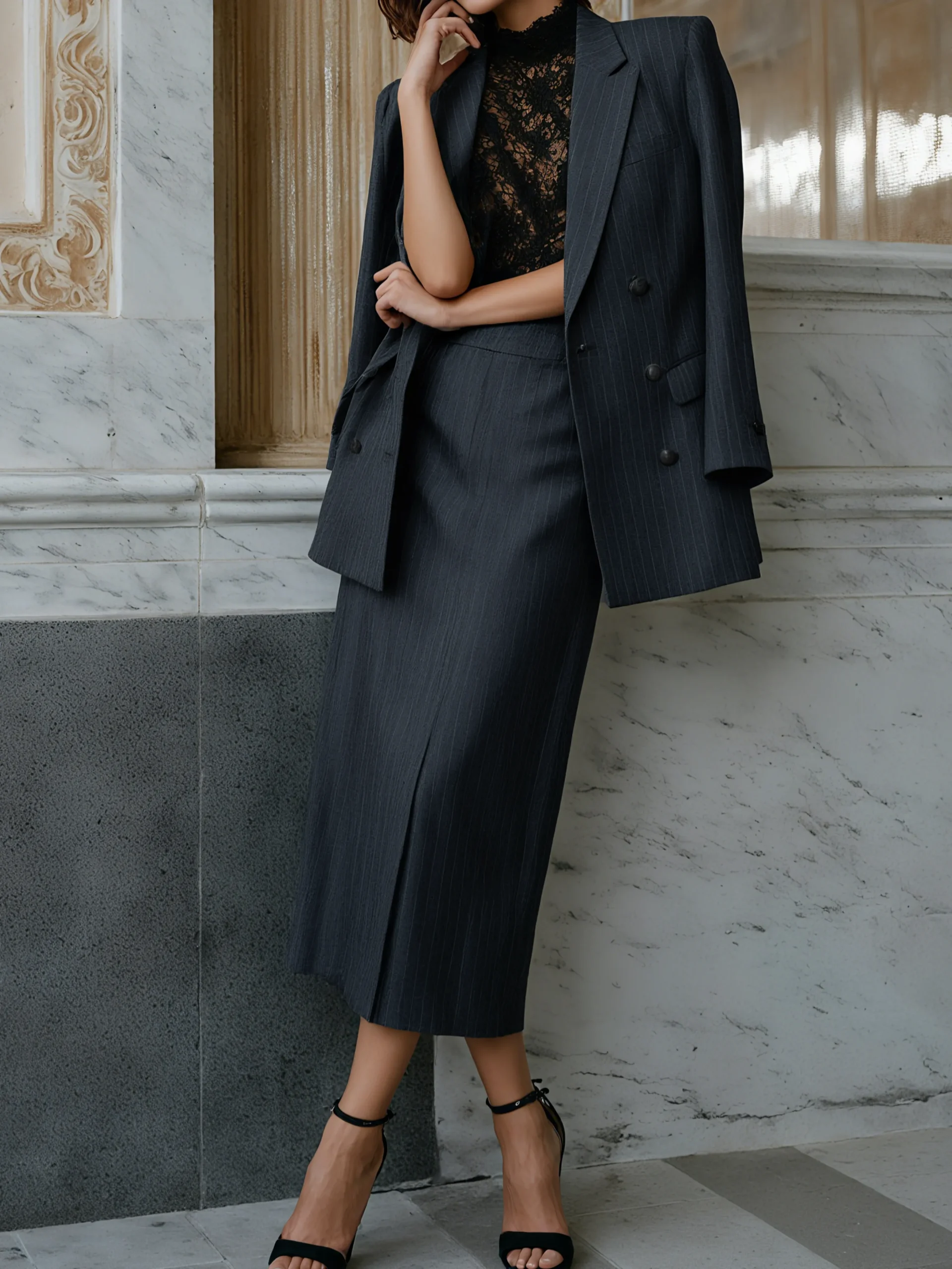 Deep Gray Printing Pencil Skirt H-Line Maxi Together Skirt