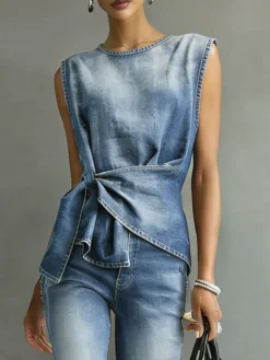 Denim Casual Plain Knot Front Crew Neck Top