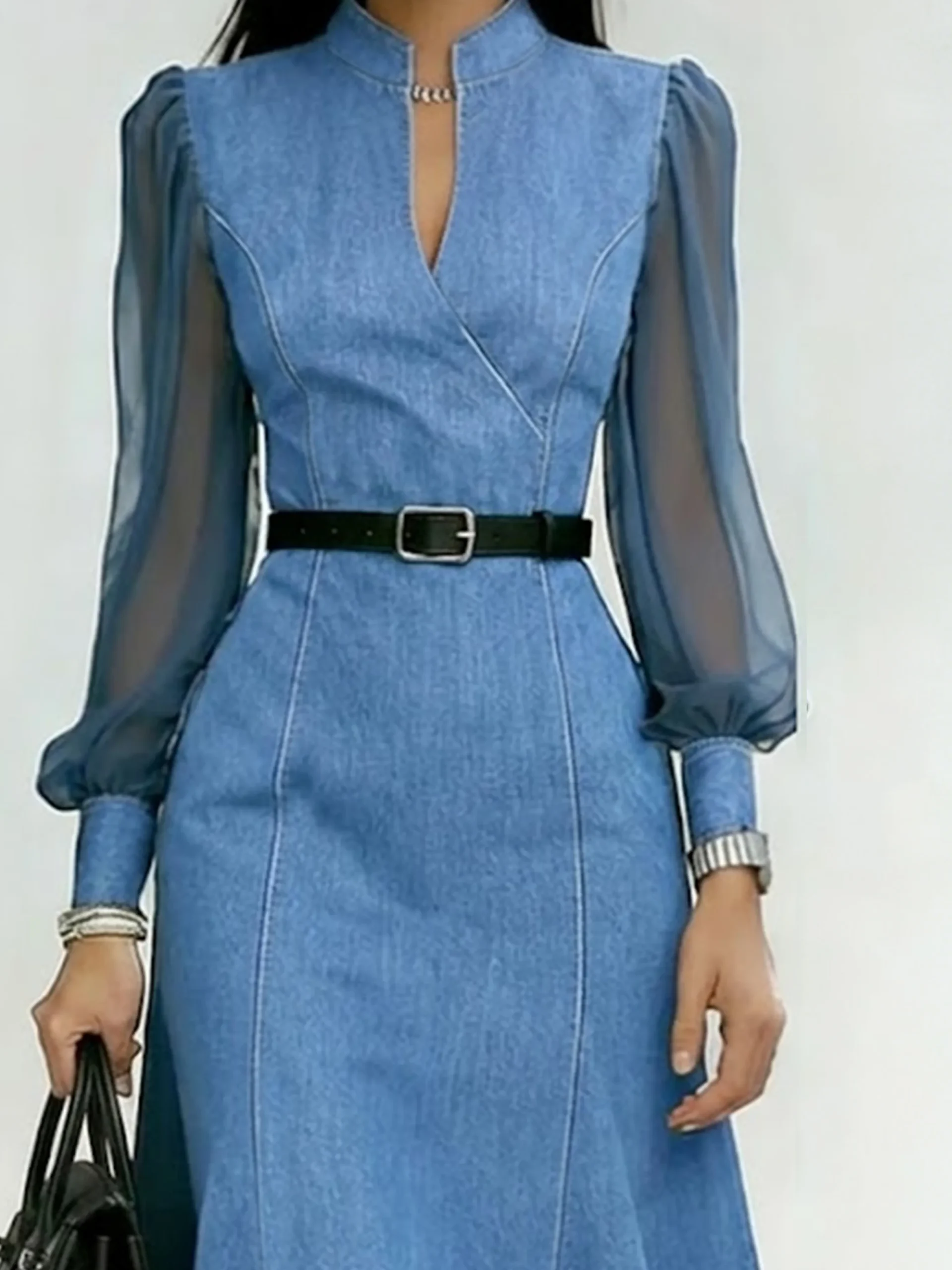 Denim Urban Plain Split Joint Cross Neck Midi Dress With Belt