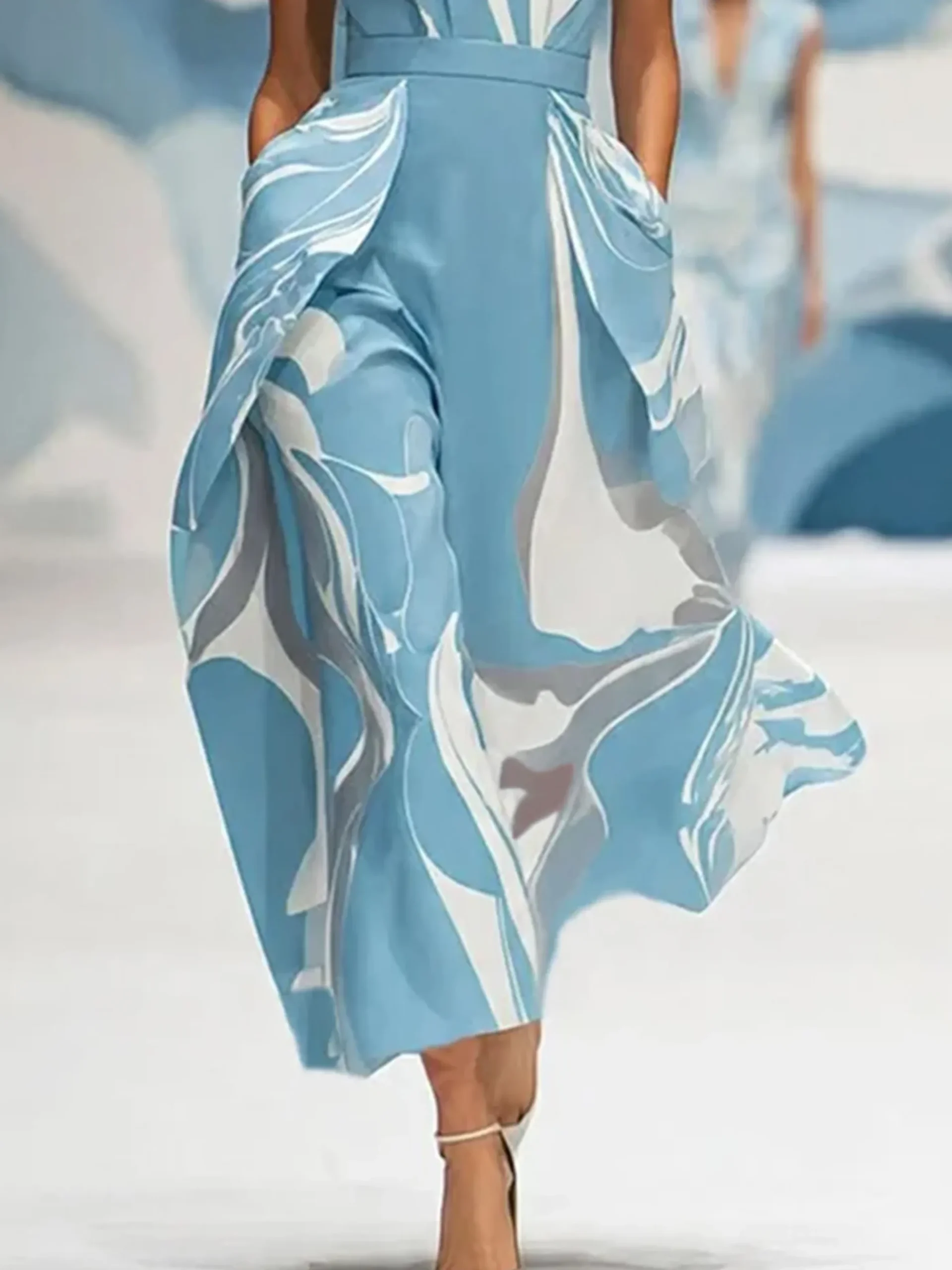Elegant Abstract Printing Stand Collar Midi Dress