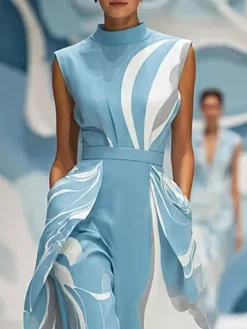 Elegant Abstract Printing Stand Collar Midi Dress