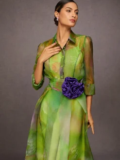 Elegant Abstract Print Maxi Dress With Floral Belt