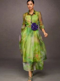 Elegant Abstract Print Maxi Dress With Floral Belt